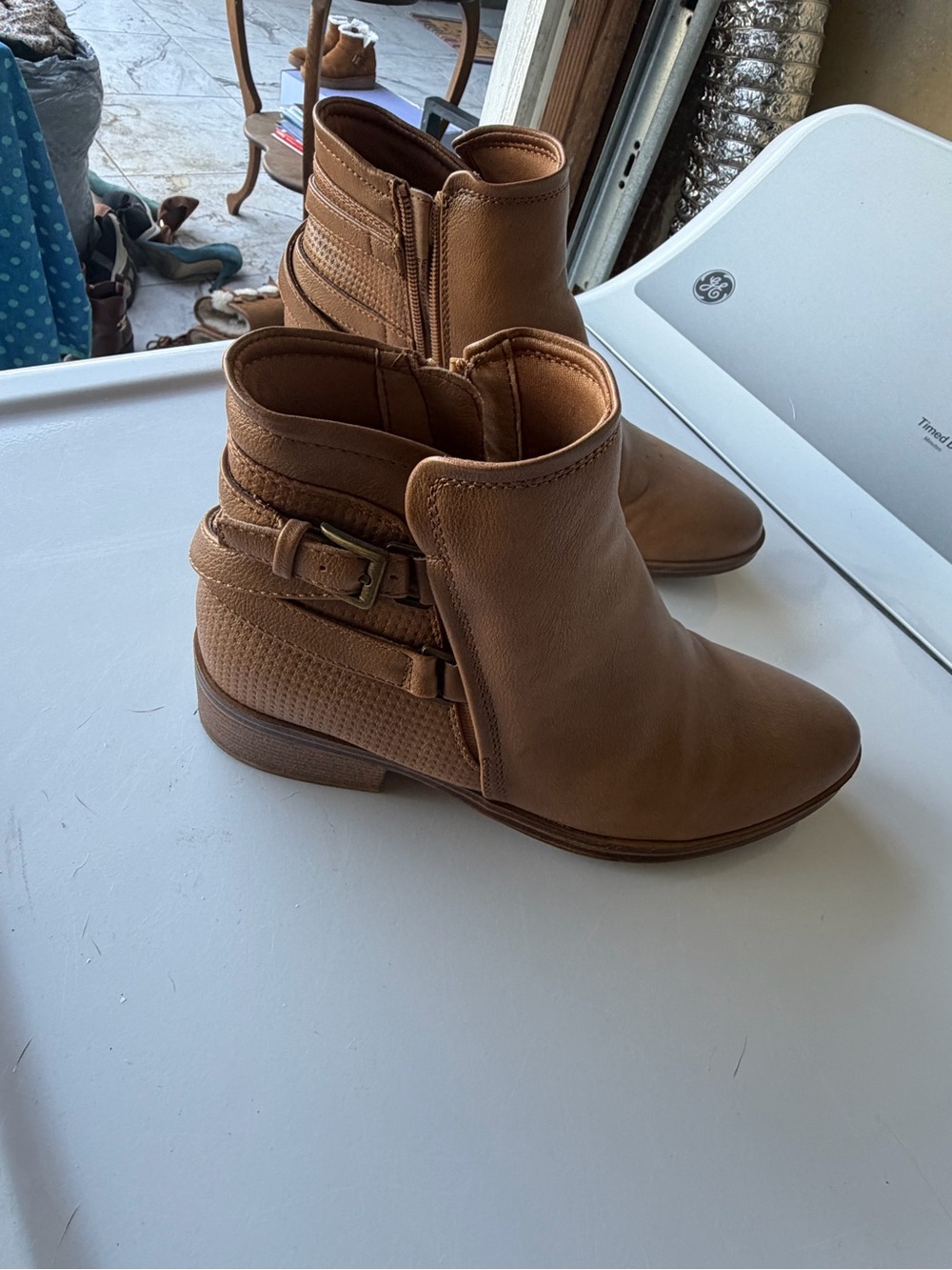 BareTraps Camel/Tan Faux Leather Buckle Ankle Boots